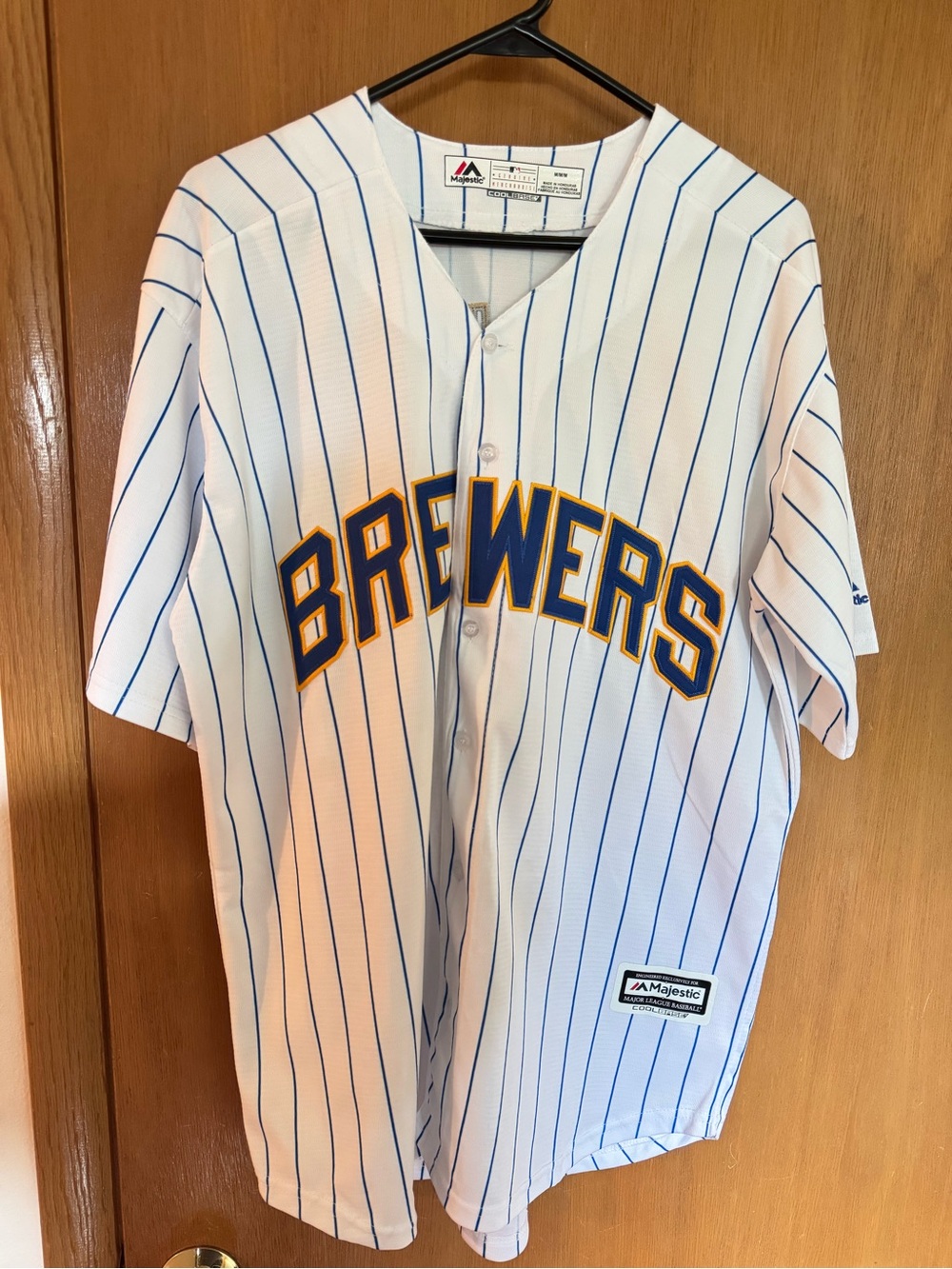 Majestic Brewers Pinstripe Jersey — White, Blue & Gold